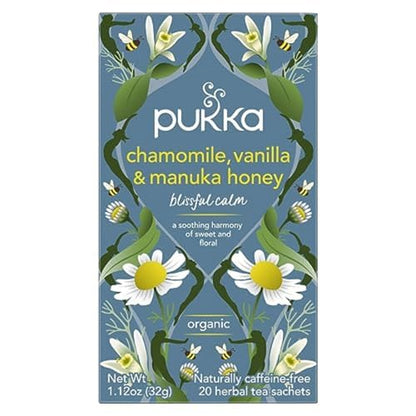 Pukka Chamomile, Vanilla & Manuka Honey Herbal Tea, Caffeine-Free, Fair Trade, Kosher, USDA Certified Organic, Non-GMO, 20 Tea Sachets (Pack of 4)