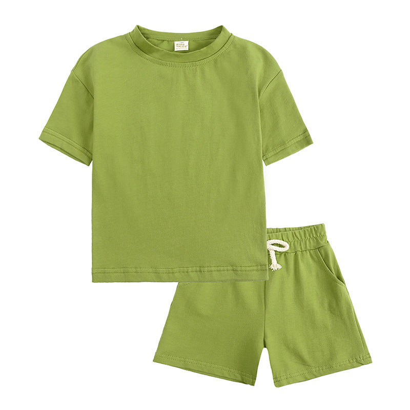 Kid's 2 pc Shorts and T-shirt Sets in green cotton for comfort and breathability on warm days.