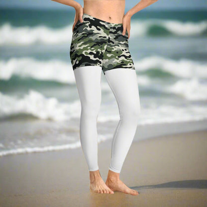 Stay comfy and stylish in these ankle-length leggings featuring a trendy camo print shorts design. The thin elastic waistband gives them a casual look, perfect for everyday wear. Made with a durable blend of 88% polyester and 12% elastane, these leggings