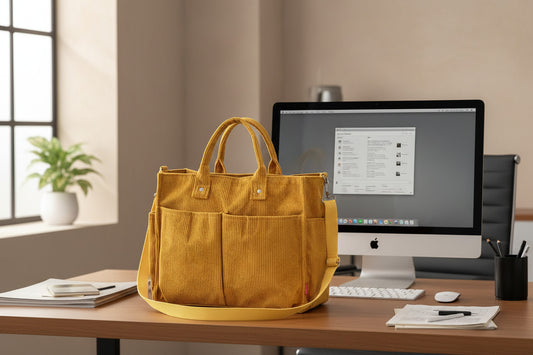 Yellow corduroy tote bag with multiple pockets on a wooden surface.