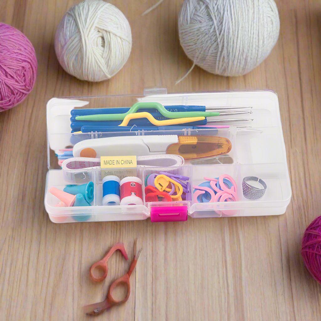 Experience a new skill set with this Crochet tool set, featuring needles, hooks, counting rings, and more! Perfect for bonding with your child and ideal for art projects for any boy or girl. Unleash your creativity and have fun! Storage box included! Deli