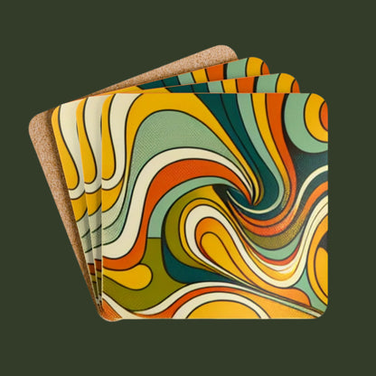 This 1970's Retro Vibe Coaster Set features orange, mustard yellow, green, white, and blue swirl design, adding a pop of color and style to your living space. Perfect for retro enthusiasts and those who love vintage decor, this coaster set is ideal for ad