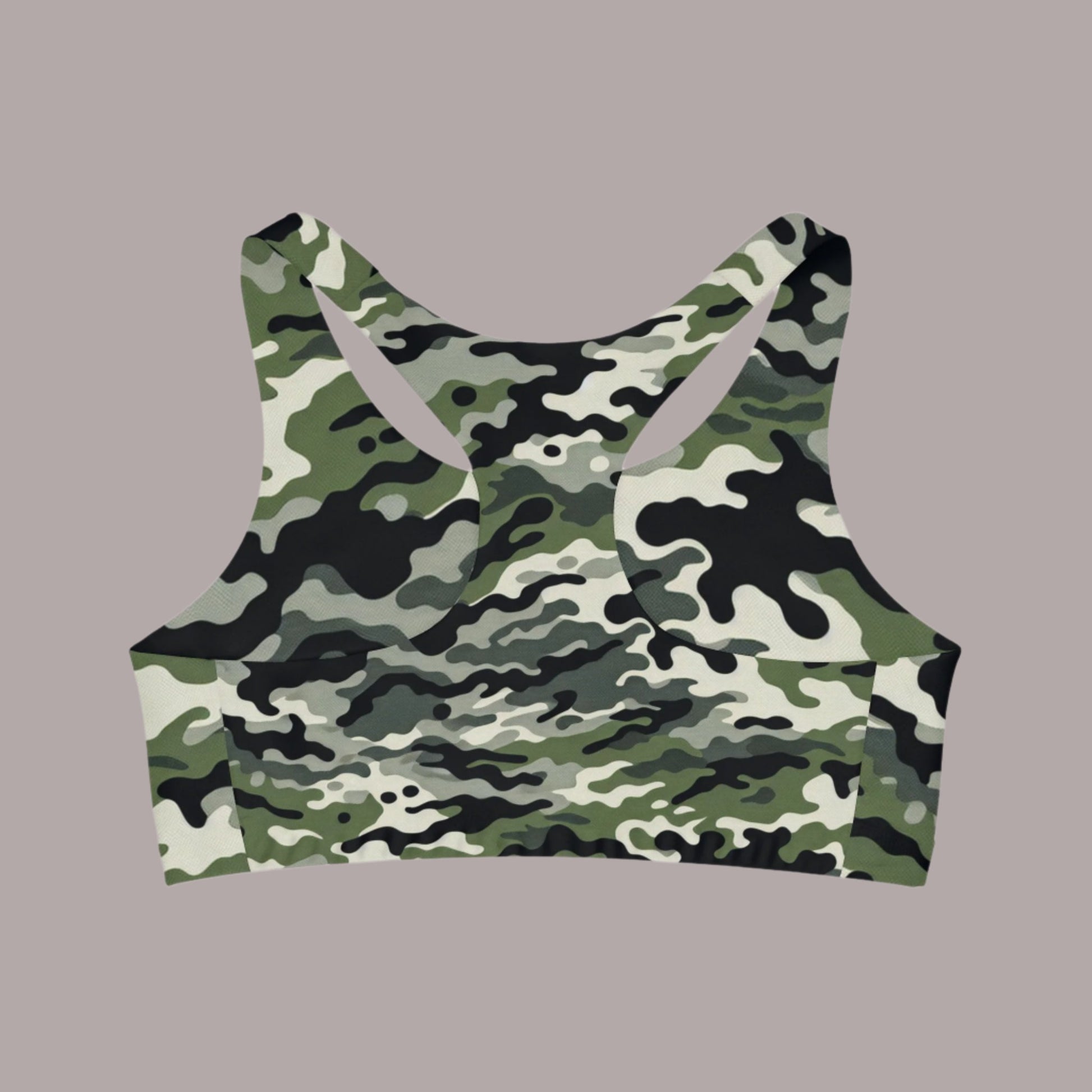 A camouflage sports bra designed for comfort and style. Perfect for the gym, training, or everyday wear, this medium support sports bra is made from a moisture-wicking, stretchy fabric that moves with you. Soft to the touch and seamless for added comfort.