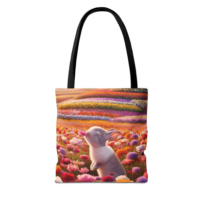 This Tote Bag features a cute design of a bunny smelling a flower in a field of flowers, giving off a whimsical and nature-loving vibe. Perfect for nature enthusiasts and animal lovers, this Tote Bag is great for everyday use for shopping, farmer's market