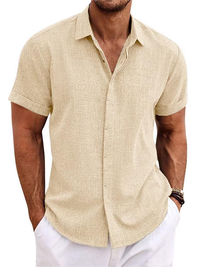Men's linen short-sleeve t-shirt in a light beige color, featuring a relaxed fit and short sleeves for warm weather.