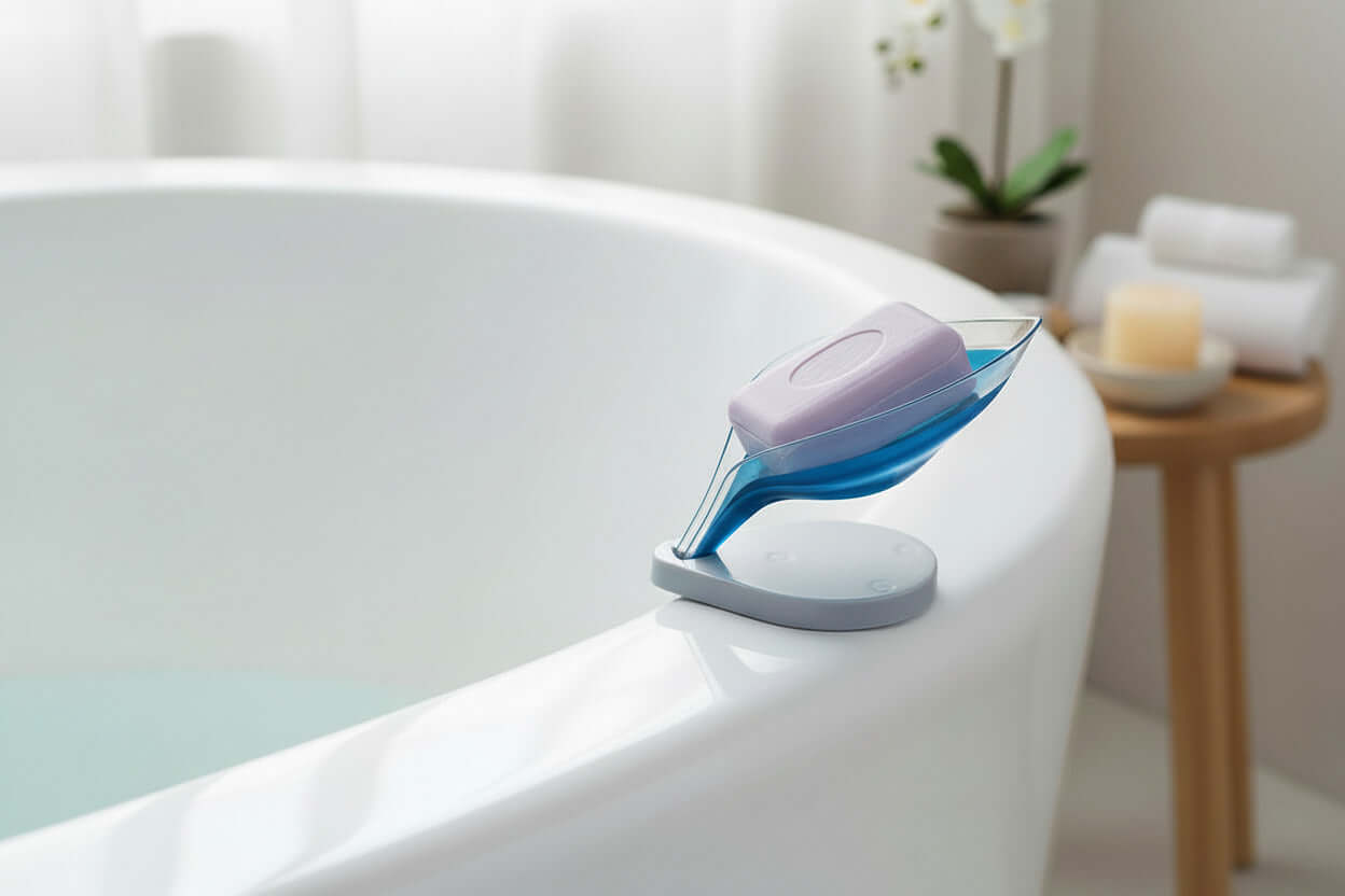 Soap & Shower Steamer Holder on a bath edge, showcasing elegant V-shaped design and secure suction cup.