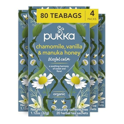 Pukka Chamomile, Vanilla & Manuka Honey Herbal Tea, Caffeine-Free, Fair Trade, Kosher, USDA Certified Organic, Non-GMO, 20 Tea Sachets (Pack of 4)