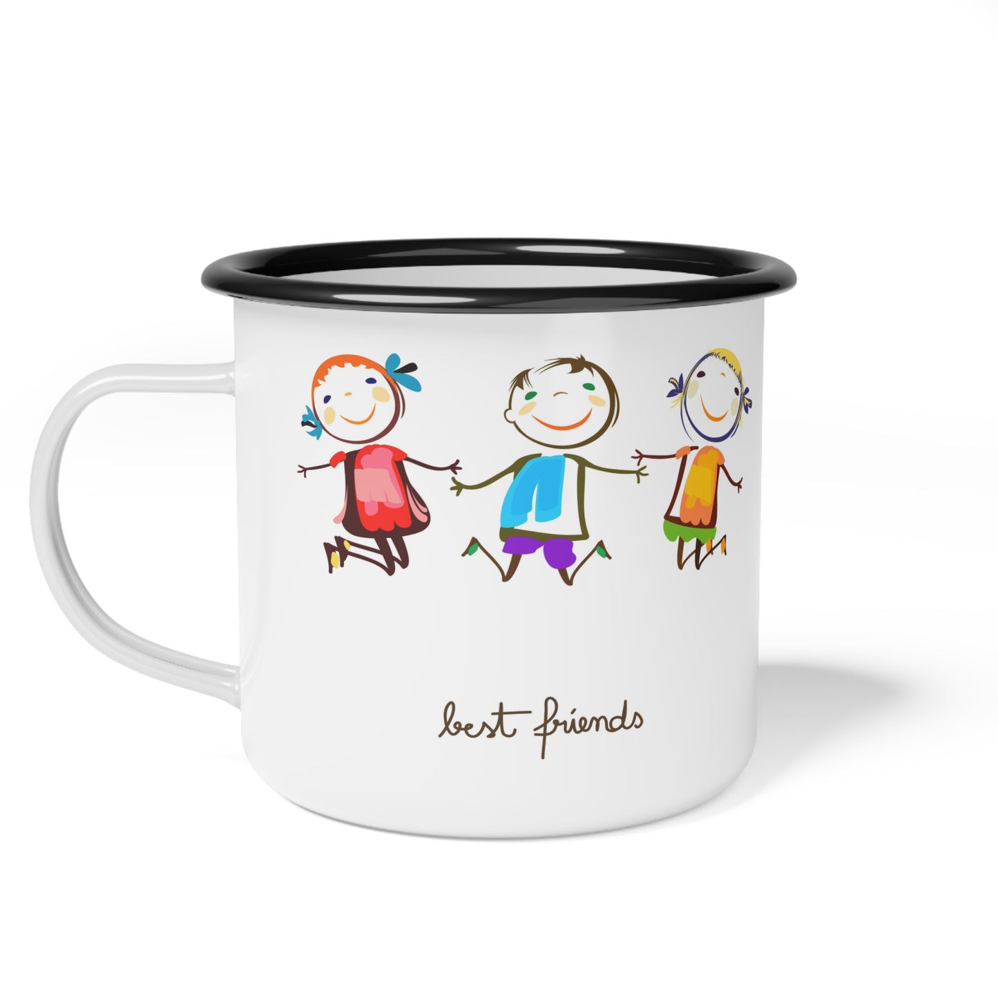 This vibrant and durable enamel mug features a colorful design of best friends holding hands and smiling. Perfect for sipping your favorite hot drink, this mug brings a happy and cheerful vibe to your daily routine. Ideal for those who appreciate cute and