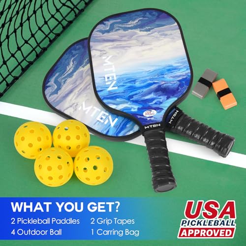 Introducing the ultimate set for pickleball enthusiasts! Our MTEN Pickleball Paddles Set includes 2 USAPA approved paddles, 4 outdoor pickleball balls, 2 grip tapes, and 1 portable carry bag. This set is designed for both men and women who are passionate