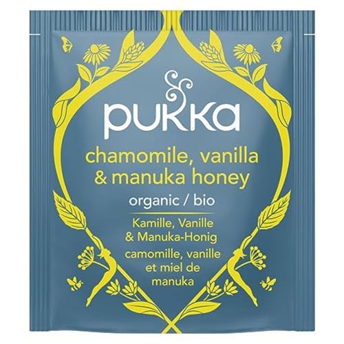 Pukka Chamomile, Vanilla & Manuka Honey Herbal Tea, Caffeine-Free, Fair Trade, Kosher, USDA Certified Organic, Non-GMO, 20 Tea Sachets (Pack of 4)