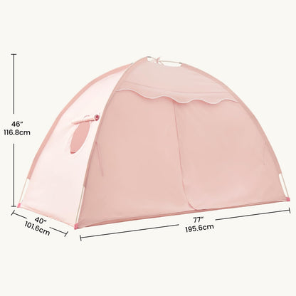 A pink dome-style tent shown on a light beige background with measurement lines and labels indicating height, width, and depth in inches and centimeters.