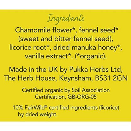 Pukka Chamomile, Vanilla & Manuka Honey Herbal Tea, Caffeine-Free, Fair Trade, Kosher, USDA Certified Organic, Non-GMO, 20 Tea Sachets (Pack of 4)