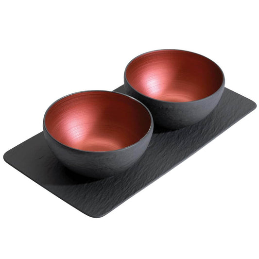 Villeroy & Boch Manufacture Rock Glow 3 Piece Condiment Set, Premium Porcelain, Made in Germany on a slate tray.
