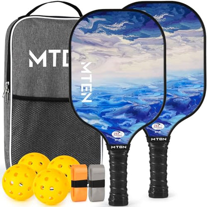 Introducing the ultimate set for pickleball enthusiasts! Our MTEN Pickleball Paddles Set includes 2 USAPA approved paddles, 4 outdoor pickleball balls, 2 grip tapes, and 1 portable carry bag. This set is designed for both men and women who are passionate