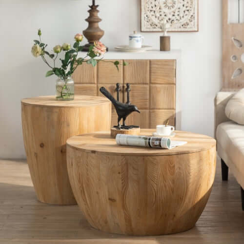 Vintage Style Bucket Shaped Coffee Table Set. Luxurious charm, minimalist design, stable structure, unique personality. Ideal for living rooms and playrooms.