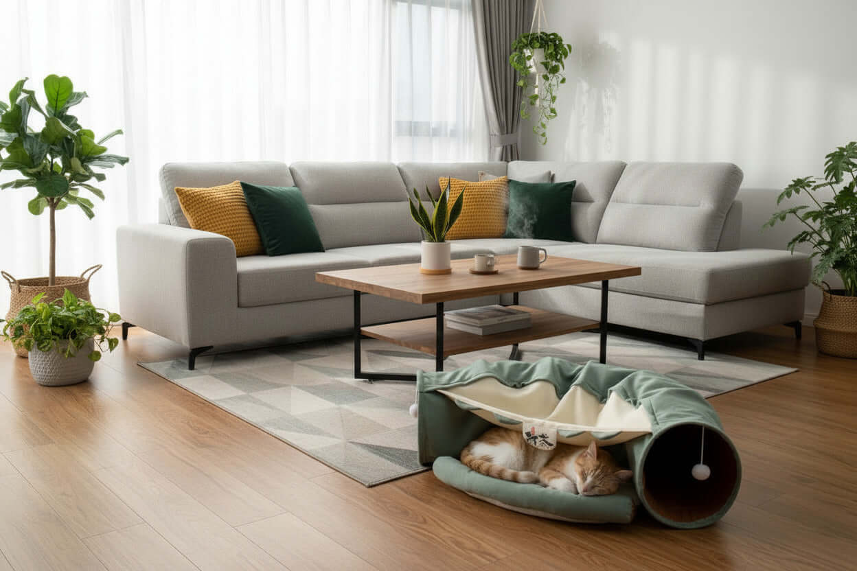 Portable Small Pet Tunnel-Bed - Ferrets Rabbit Cat Mini Pig Bed in a cozy living room with a relaxed cat inside.