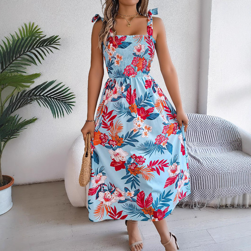 Women's Flowers Print Midi Summer Ruched Dress