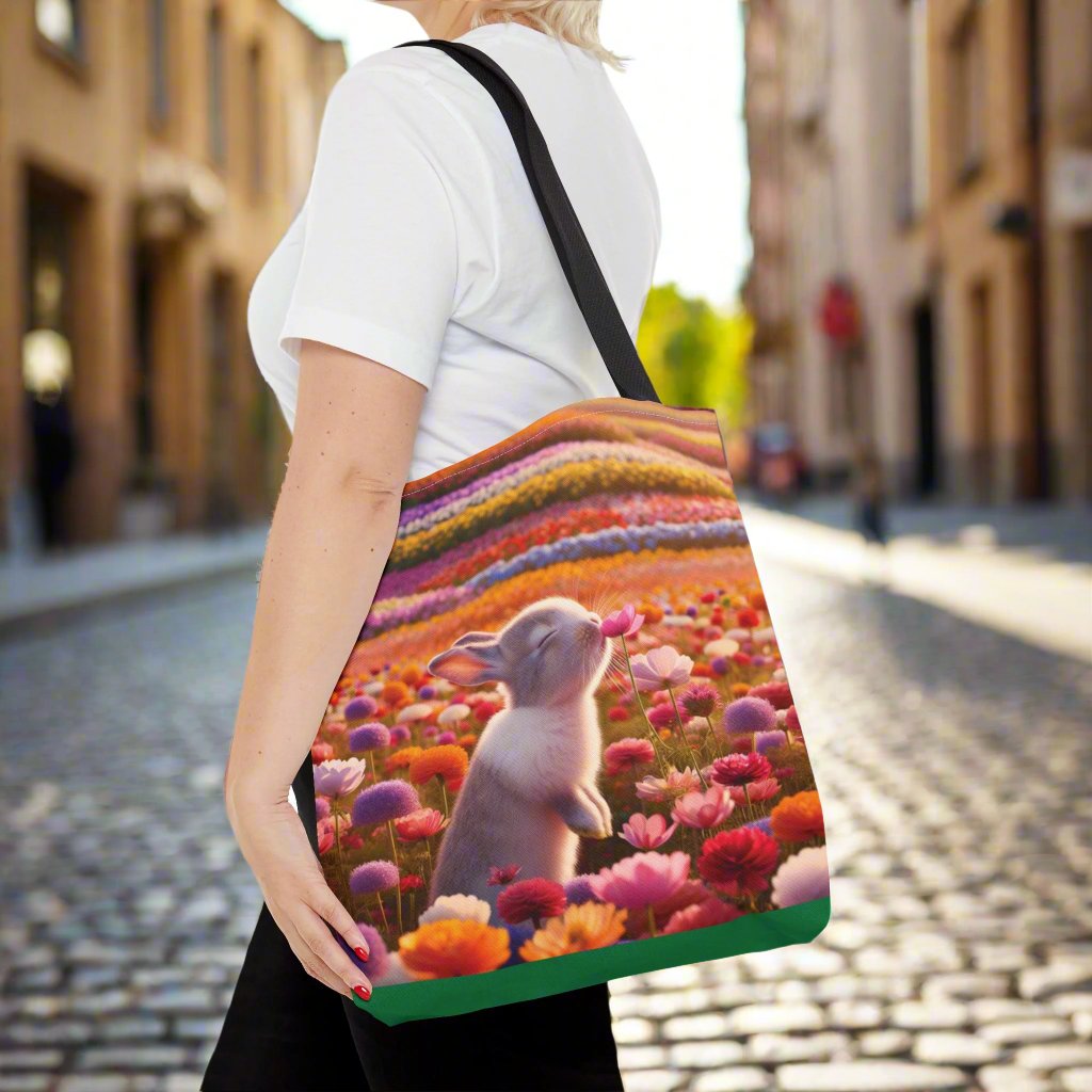 This Tote Bag features a cute design of a bunny smelling a flower in a field of flowers, giving off a whimsical and nature-loving vibe. Perfect for nature enthusiasts and animal lovers, this Tote Bag is great for everyday use for shopping, farmer's market