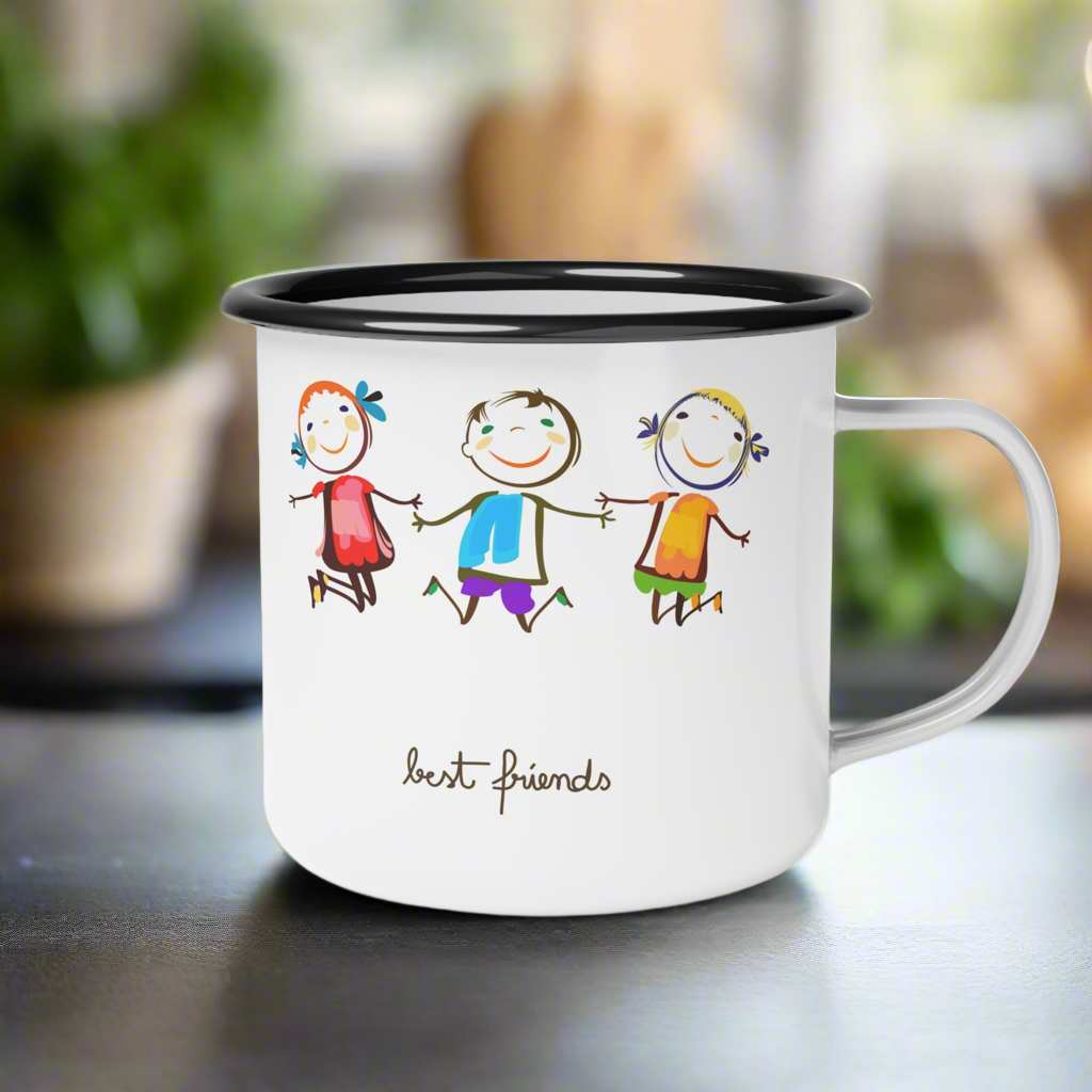 This vibrant and durable enamel mug features a colorful design of best friends holding hands and smiling. Perfect for sipping your favorite hot drink, this mug brings a happy and cheerful vibe to your daily routine. Ideal for those who appreciate cute and