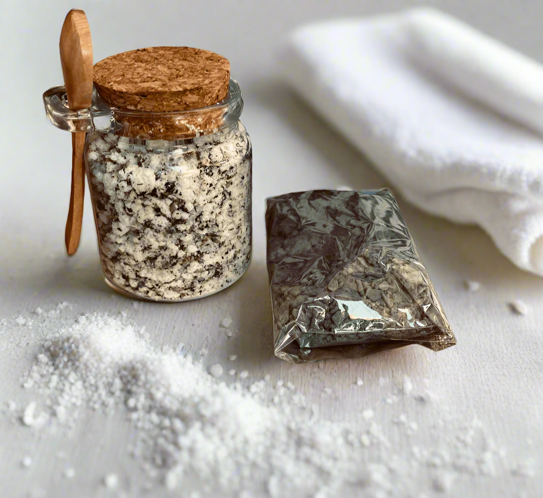 Detoxify then Pamper! Detoxify your body of harmful toxins with our Magnesium Flakes infused with Activated Charcoal, Bentonite Clay, assorted Spa salts and Medicinal essential Oils.