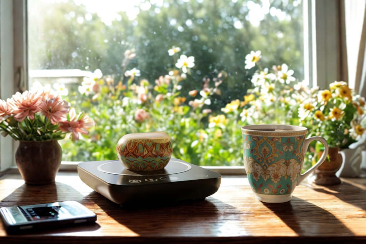 Wickless Candles - Celebrate Milestones displayed on a windowsill beside a floral view and a cup of tea.