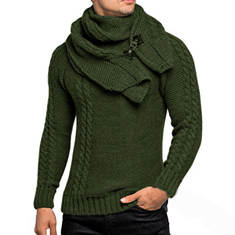 Green knitted sweater with a large scarf worn by a person on a white background