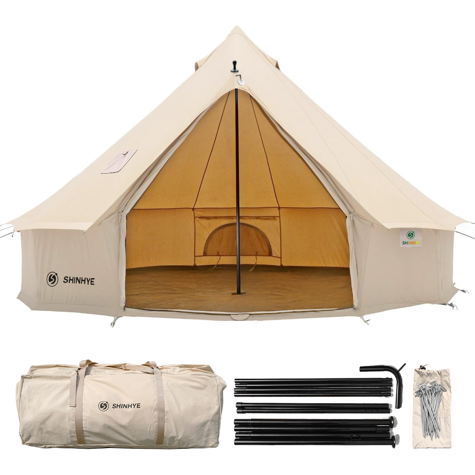 Beige camping tent with accessories on a white background
