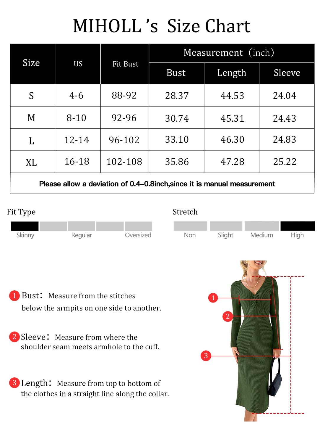 "commission eligible" Brand: MIHOLL Color: 05 Army Green Features: Premium Material: This long sleeve midi dress is made of 50% Viscose 28% Nylon 22% PBT. Soft, comfortable, skin-friendly and stretchy. The sweater dress keeps you warm and stylish in fall