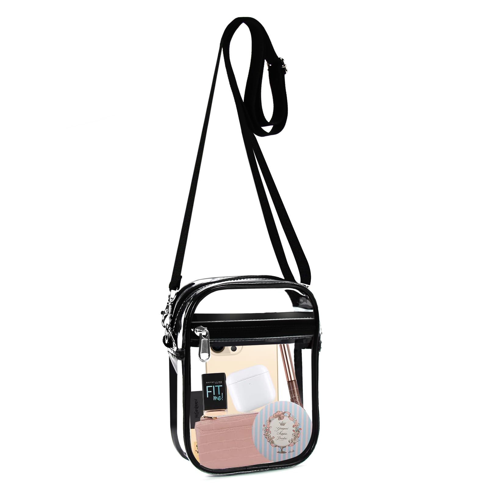 Fibrdoo Clear Bag: Black, 0.6mm thick waterproof PVC, stadium-approved (12x6x12"), adjustable strap (25-55"), hands-free, compact & secure.