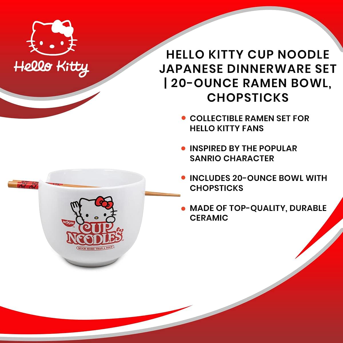 Hello Kitty Ceramic Ramen Noodle Rice Bowl with Chopsticks