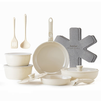Redchef Ceramic Pots and Pans Set, Nonstick Kitchen Cookware Set with Detachable Handle, Non Toxic Cookware Set 16pcs, PFAS PFOA & PTFE Free, RV Ceramic Cookware for Camping, Dishwasher/Oven Safe