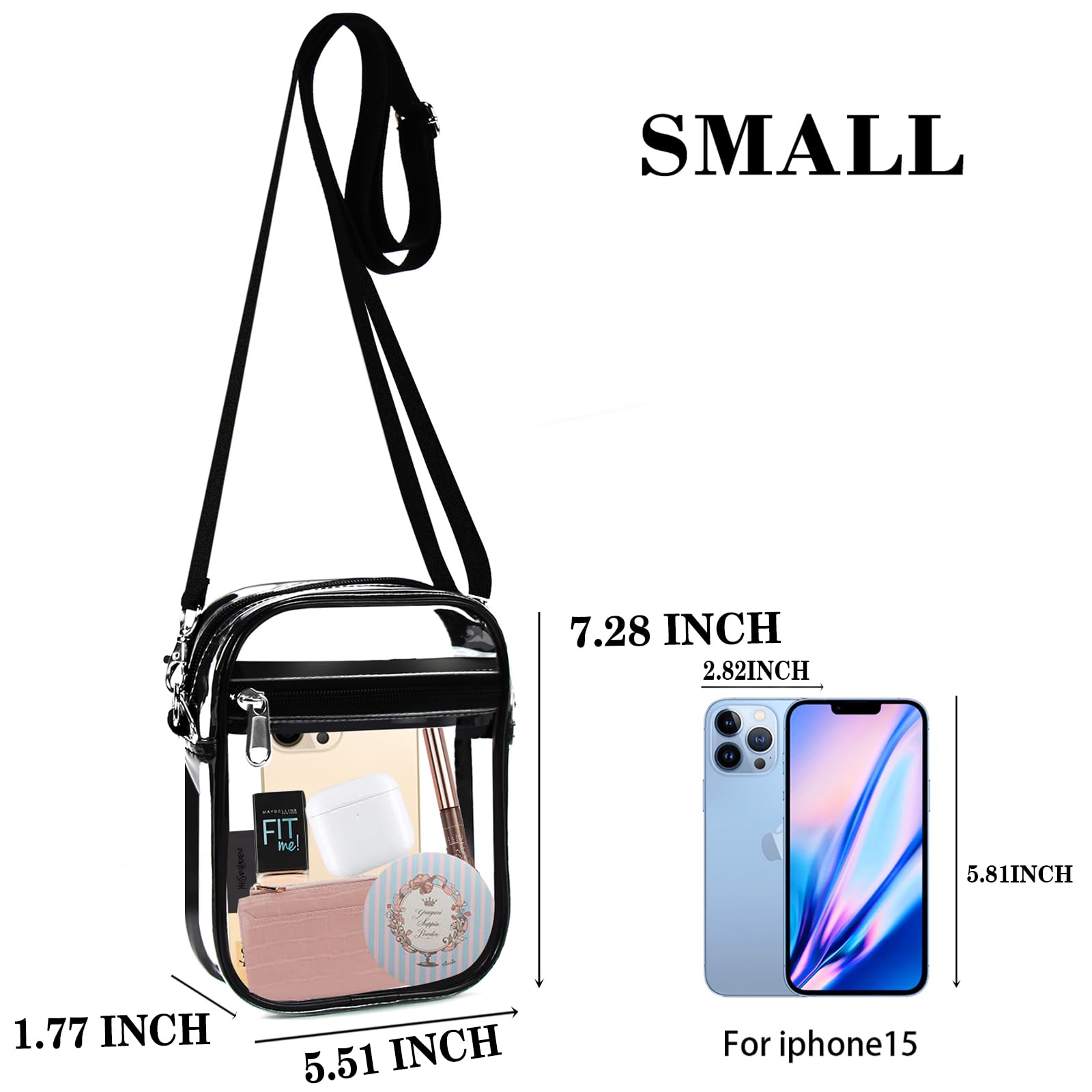 Fibrdoo Clear Bag: Black, 0.6mm thick waterproof PVC, stadium-approved (12x6x12"), adjustable strap (25-55"), hands-free, compact & secure.