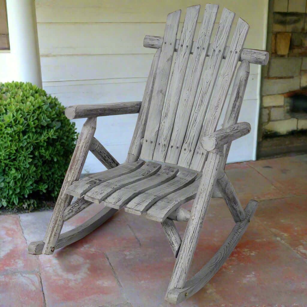 Wooden rocking chair with a weathered gray finish on a white background