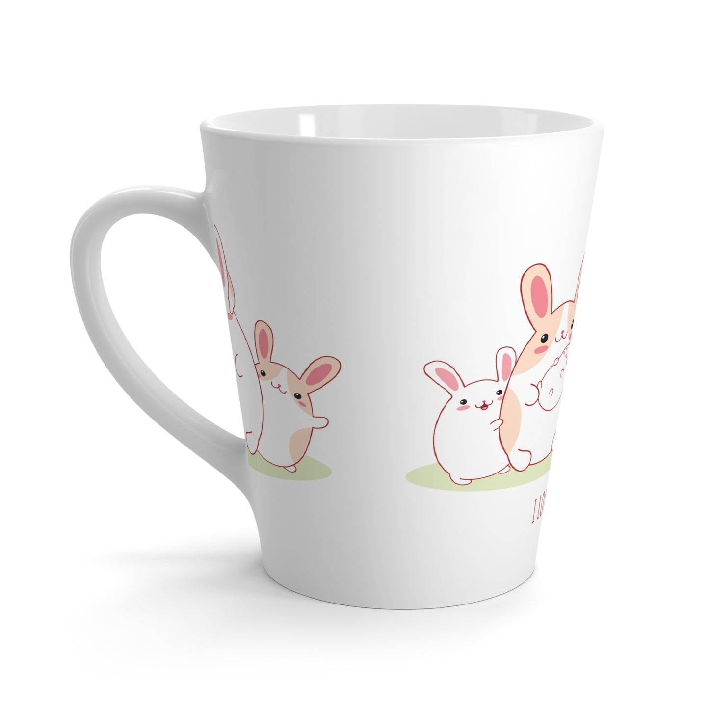 This custom latte mug features a design of a happy Bunny Family, adding a touch of whimsy and sophistication to your morning coffee routine. It is perfect for bunny lovers who enjoy a stylish and playful vibe in their daily life. Great for bunny owners or