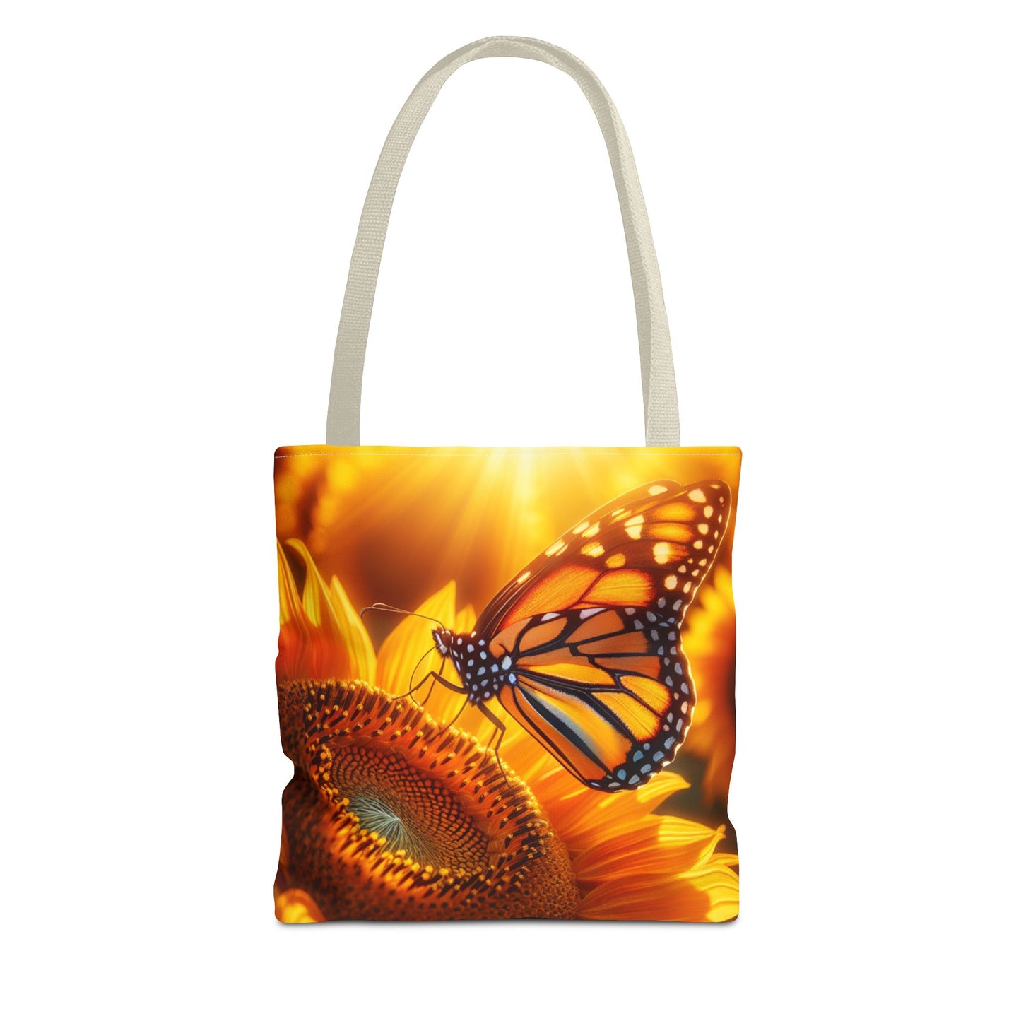 This Monarch Butterfly on Sunflower Tote Bag brings a touch of nature and beauty to your everyday outings. Perfect for nature lovers, garden enthusiasts, and those who appreciate vibrant colors. Ideal for picnics, farmer's market trips, and beach days.Pro