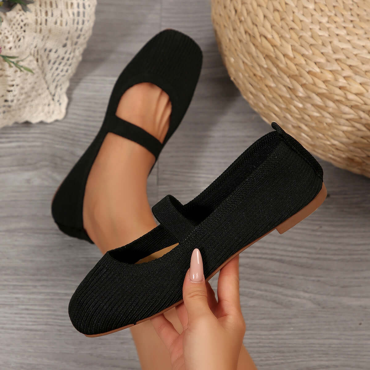Womens Lightweight Breathable Knit Mesh Flats in black with a square toe and shallow shaft design.