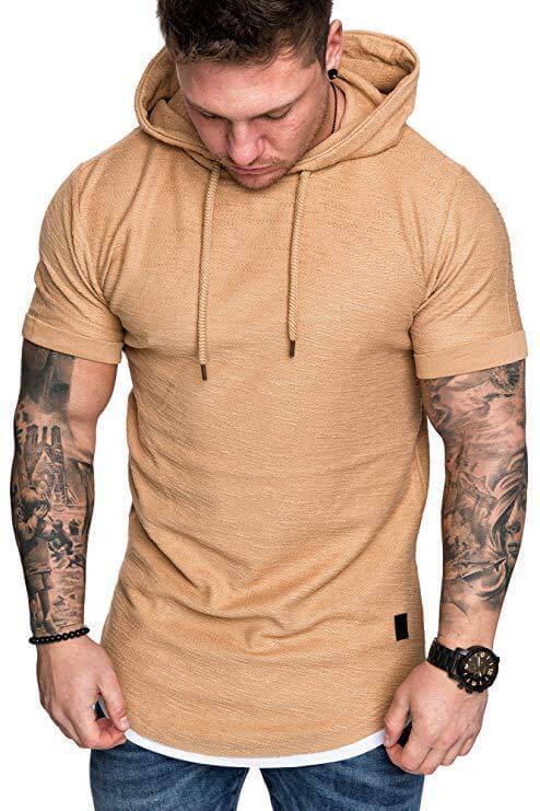 Men's Solid Color Hooded T-shirt in light tan, featuring short sleeves and a cozy hood for casual comfort.