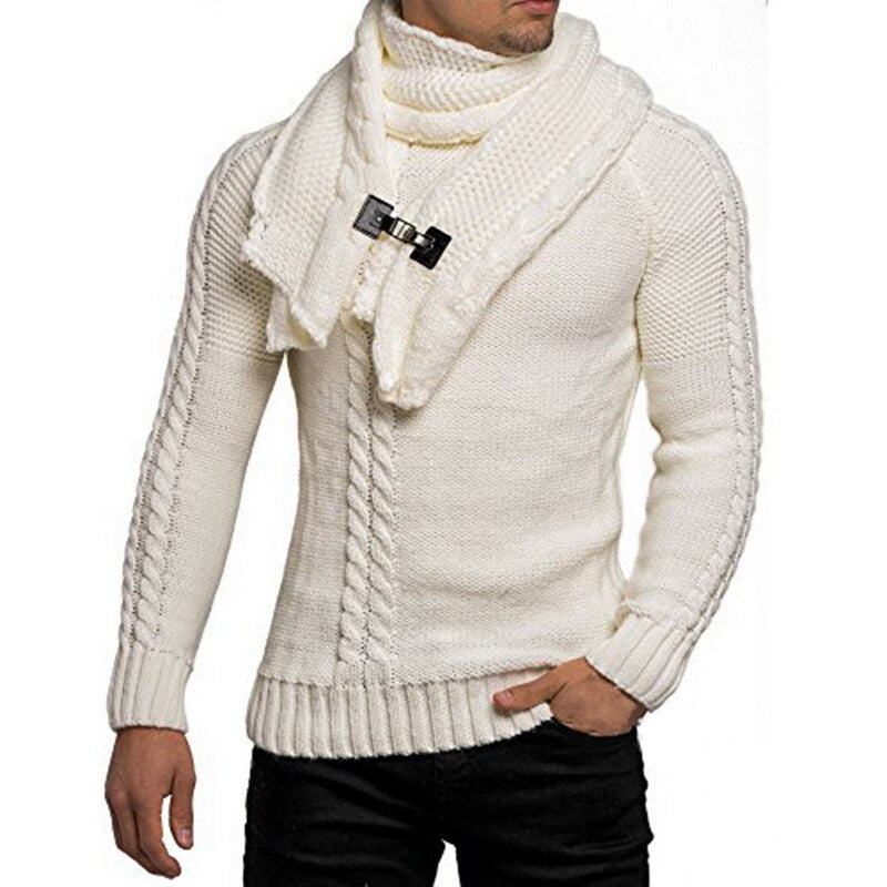 White knitted sweater with a scarf and black button on a white background