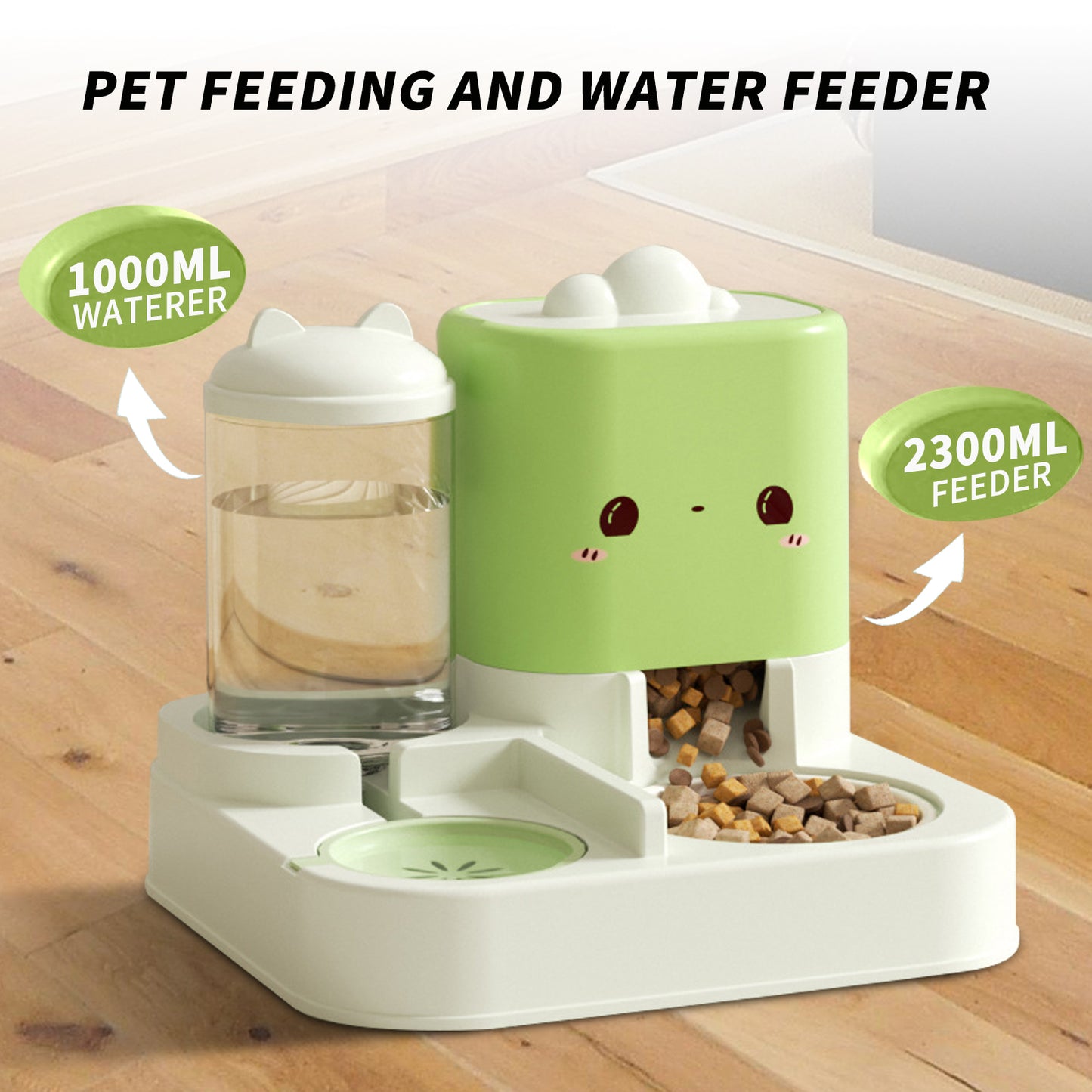 Pet feeding and water feeder with 1000ml waterer and 2300ml feeder on a wooden floor.