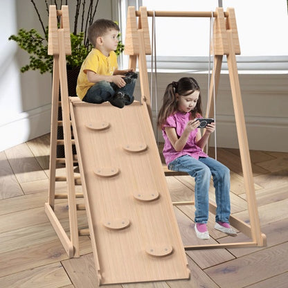 The Juniper playset, crafted from premium New Zealand Pine, offers a slide, rock wall & swings. Safe, durable, compact—perfect for endless indoor fun!