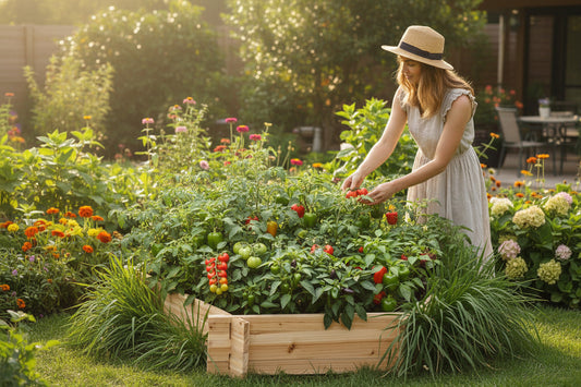 Hexagon screwless raised garden bed bursting with colorful flowers and herbs, showcasing durable and easy DIY assembly.