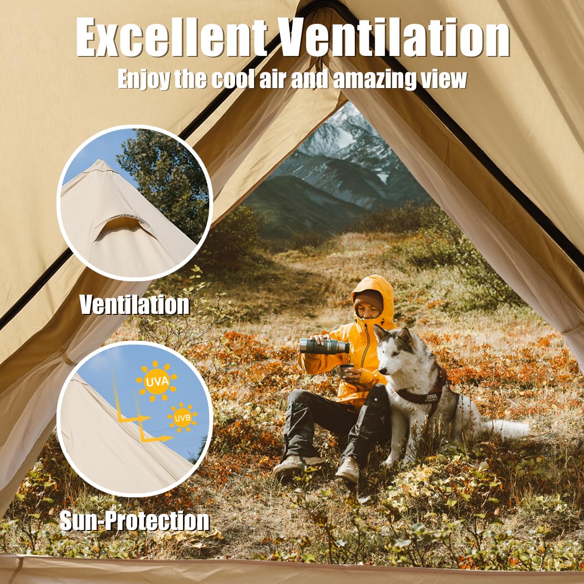 Person with a dog sitting outside a tent with mountains in the background, emphasizing ventilation and sun protection.