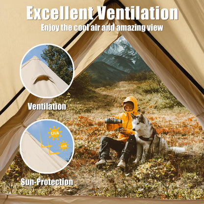 Person with a dog sitting outside a tent with mountains in the background, emphasizing ventilation and sun protection.