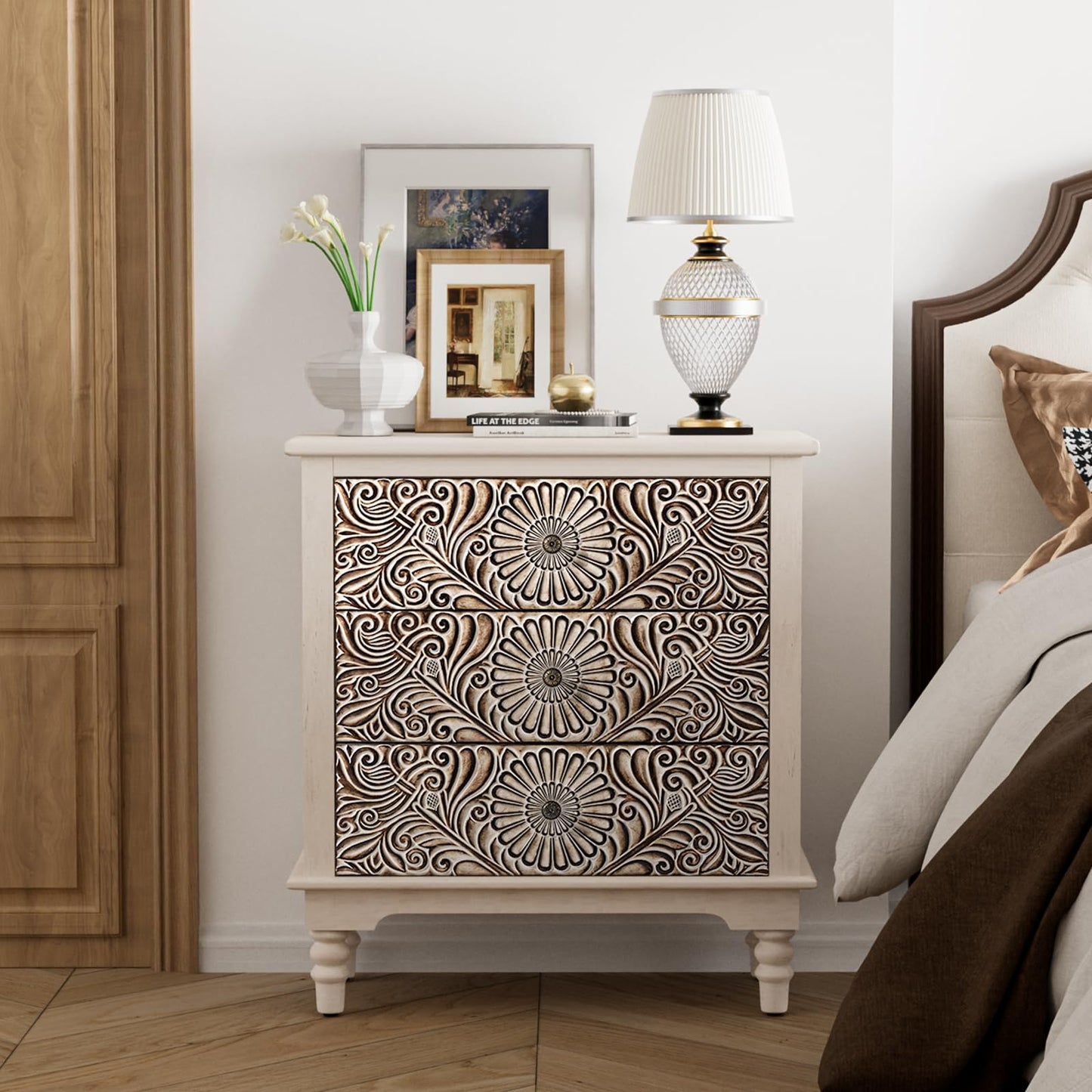 COSIEST 3 Drawers Accent Dresser, Vintage Small Accent Chest with 4 Wood Legs, Free-Standing Buffet Server Nightstand End Table for Bedroom, Living Room, Entryway