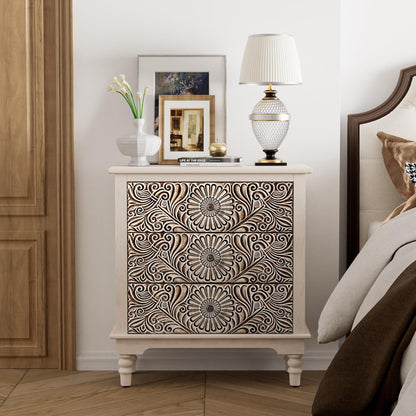 COSIEST 3 Drawers Accent Dresser, Vintage Small Accent Chest with 4 Wood Legs, Free-Standing Buffet Server Nightstand End Table for Bedroom, Living Room, Entryway