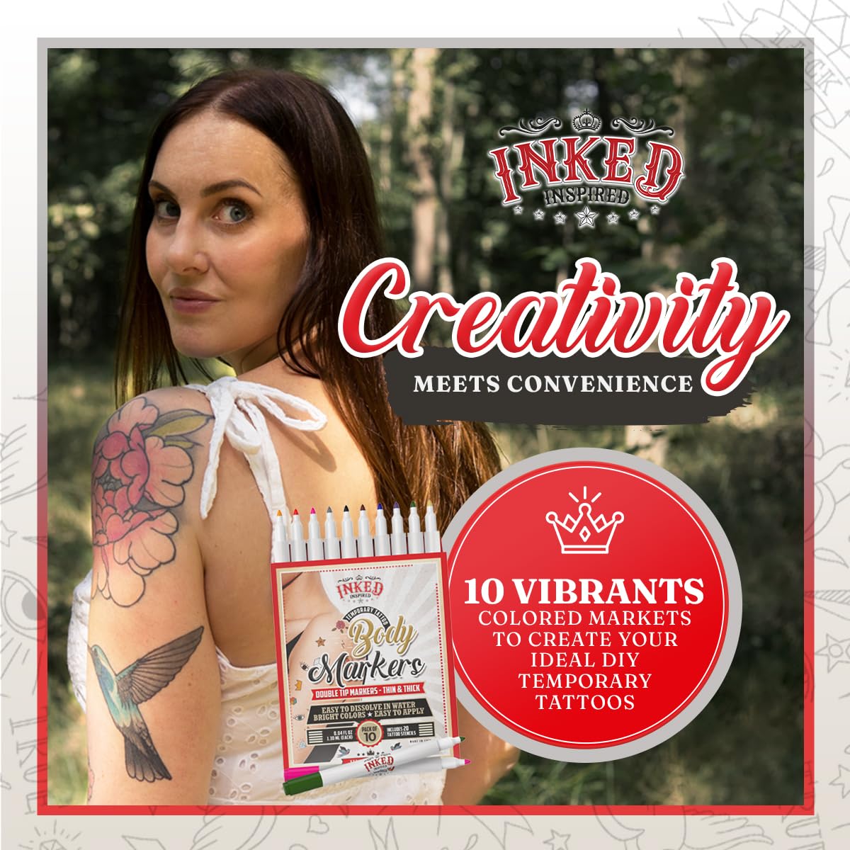 #Sponsored Brand: Inked Inspired Color: [Multiple] Features: Creativity Meets Convenience - Inked Inspired Temporary Tattoo Markers offer the perfect blend of creativity and convenience. With a set of 10 rich, vibrant colored skin markers, express yoursel