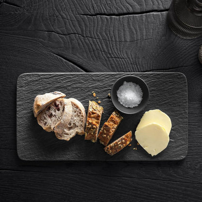 Villeroy & Boch Manufacture Rock Glow 3 Piece Condiment Set, Premium Porcelain, Made in Germany with bread and butter.