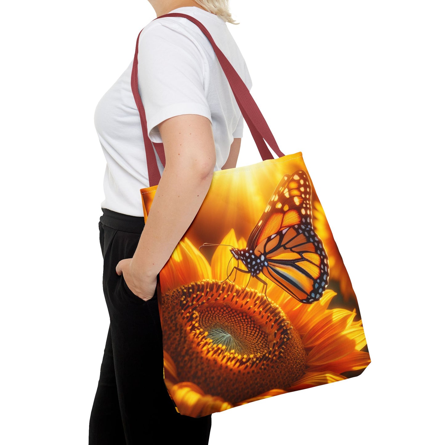 This Monarch Butterfly on Sunflower Tote Bag brings a touch of nature and beauty to your everyday outings. Perfect for nature lovers, garden enthusiasts, and those who appreciate vibrant colors. Ideal for picnics, farmer's market trips, and beach days.Pro