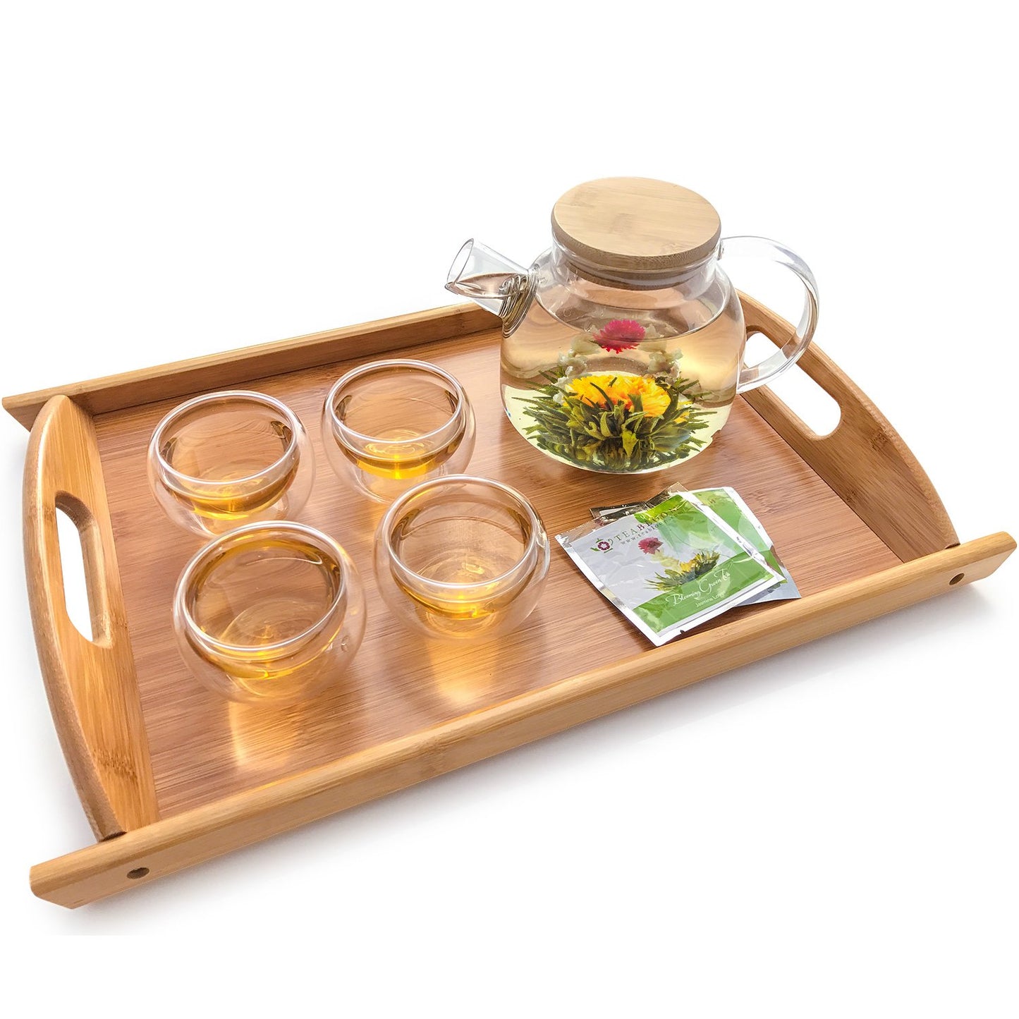 Teabloom Stovetop Safe Glass Teapot with Bamboo Lid (40oz/1200ml) + Loose Leaf Tea Filter Spout + 2 Blooming Teas + Large Bamboo Trivet - Natural Flowering Tea Gift Set