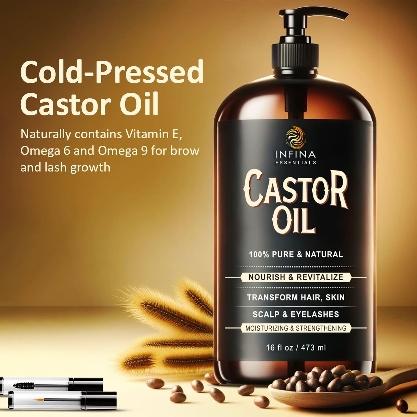 INFINA ESSENTIALS Pure Cold Pressed Castor Oil - Hexane Free, Glass Bottle 16 oz